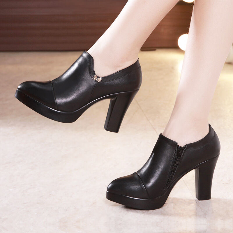 High Heel Single-Layer Shoes for Women 2022 Autumn and Winter New Deep Mouth Pointed Toe Chunky Heel Waterproof Platform Genuine Leather Large Size 40-43 Size Women's Shoes